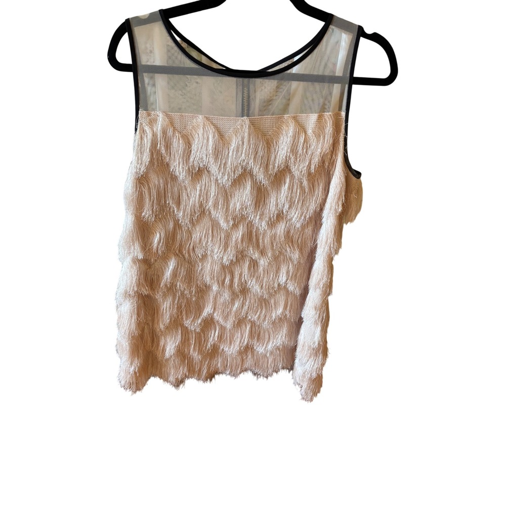 Sail to Sable Womens Cream Fringe Mesh Sleeveless Top Size Medium Gold Zipper